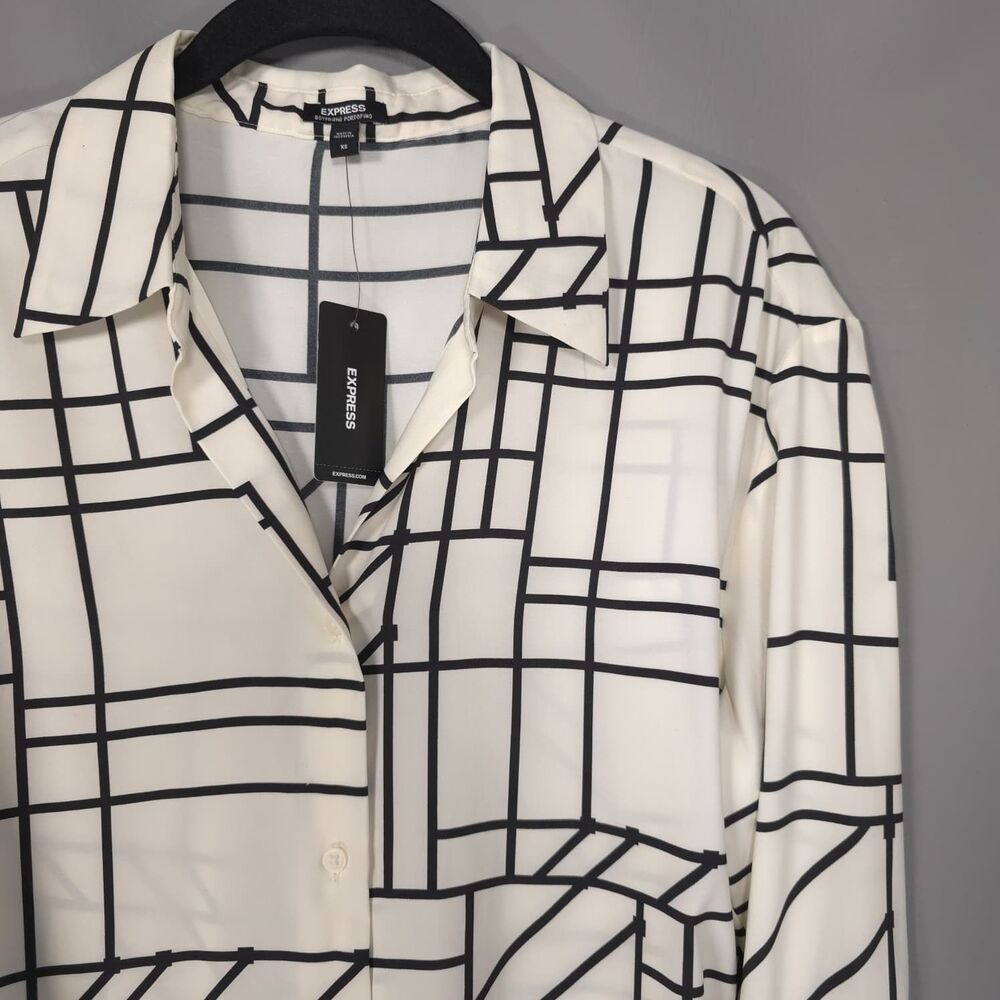EXPRESS‎ New Women's Top Shirt XS Geometric Black Cream Boyfriend Portofino - Picture 9 of 11